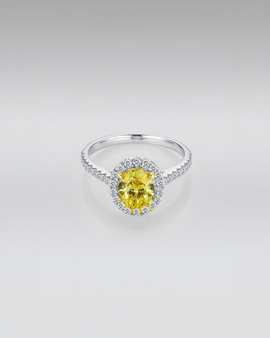 18k White Gold Halo Ring with Yellow Oval Lab Grown Diamond and Pavé Band