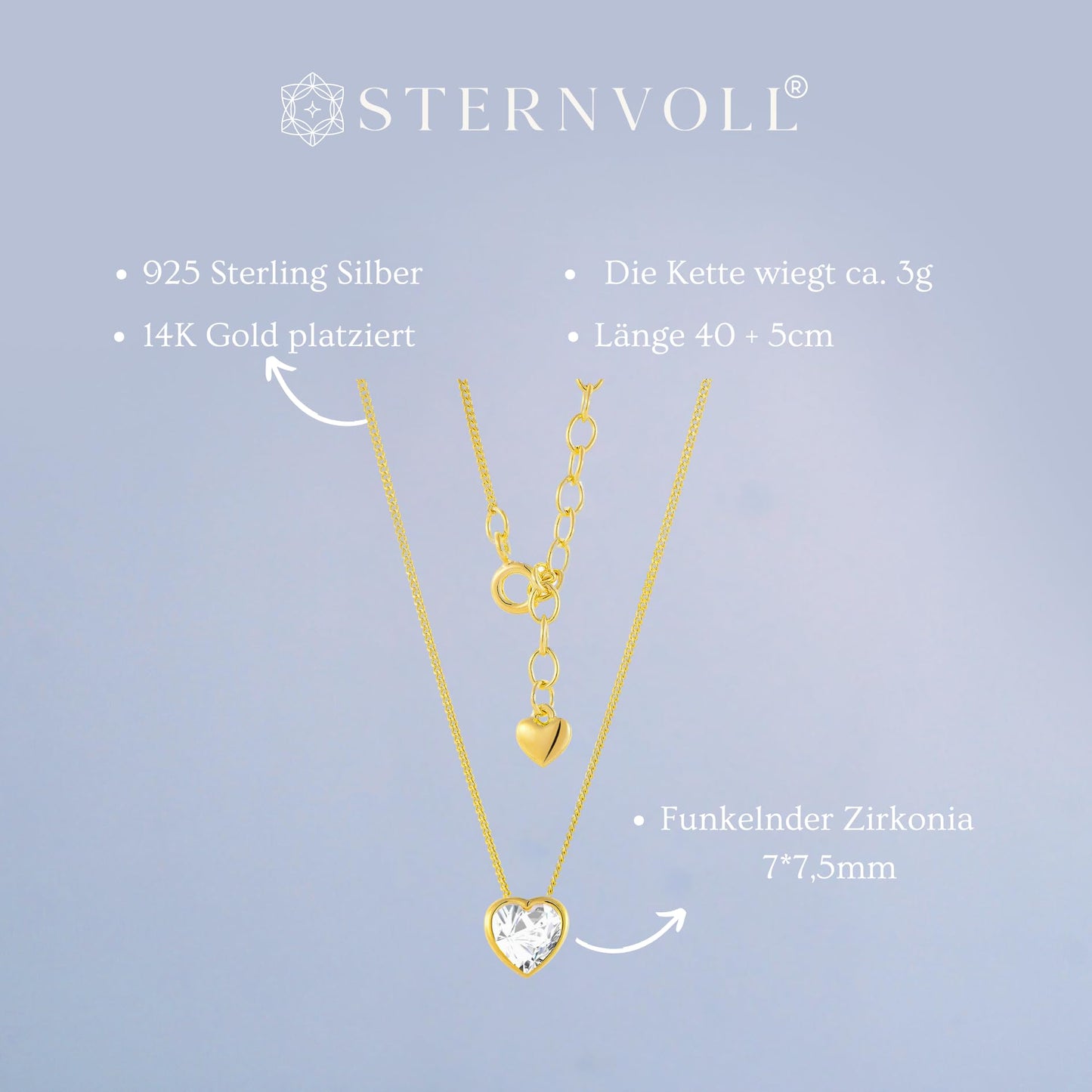 Sternvoll® Herzkette aus 925 Sterling Silber mit Zirknoia | 1mm Premium Panzerkette verstellbar 40+5cm mit Herzanhänger (Gold) - Sternvoll Jewelry color-gold