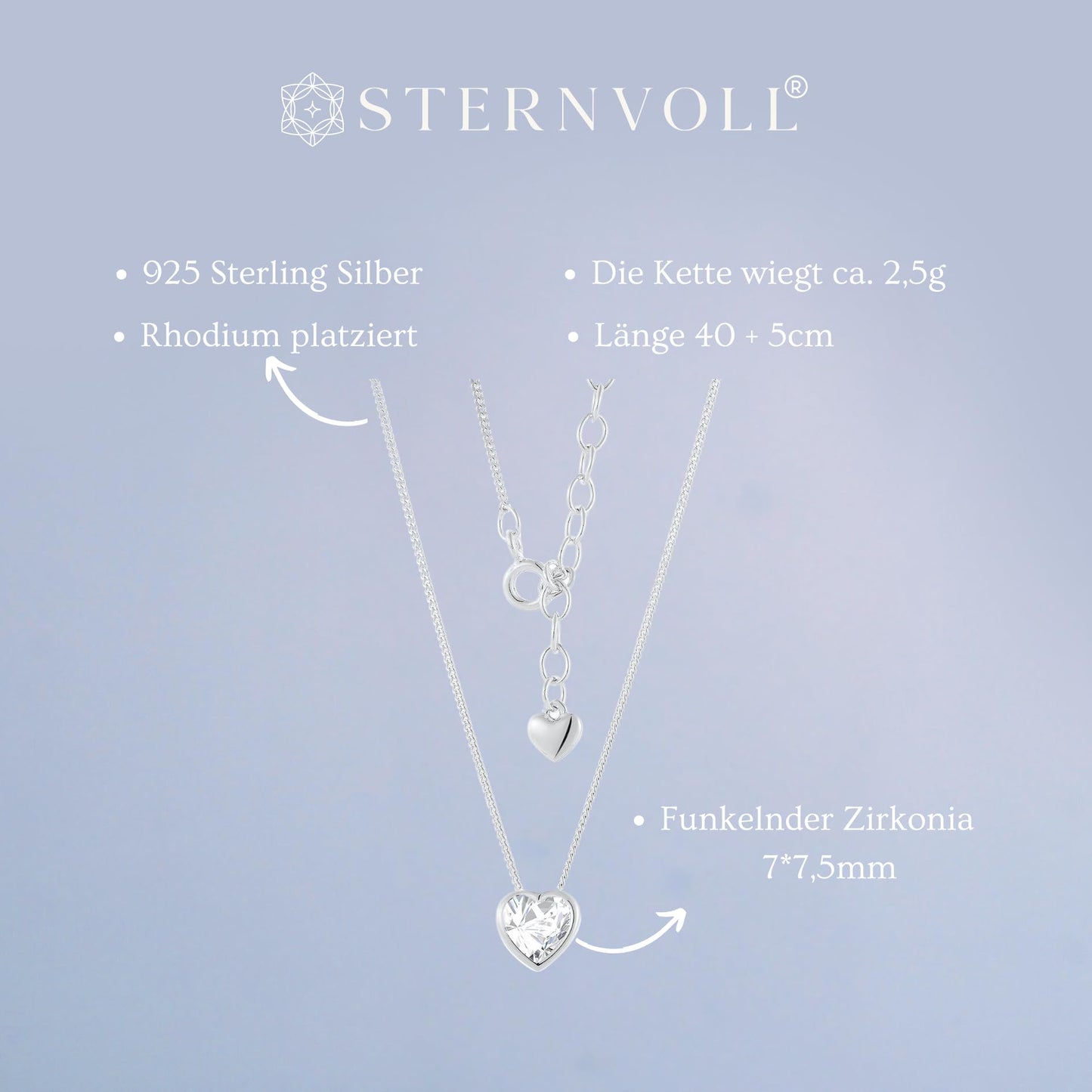 Sternvoll® Herzkette aus 925 Sterling Silber mit Zirknoia | 1mm Premium Panzerkette verstellbar 40+5cm mit Herzanhänger (Gold) - Sternvoll Jewelry color-silver