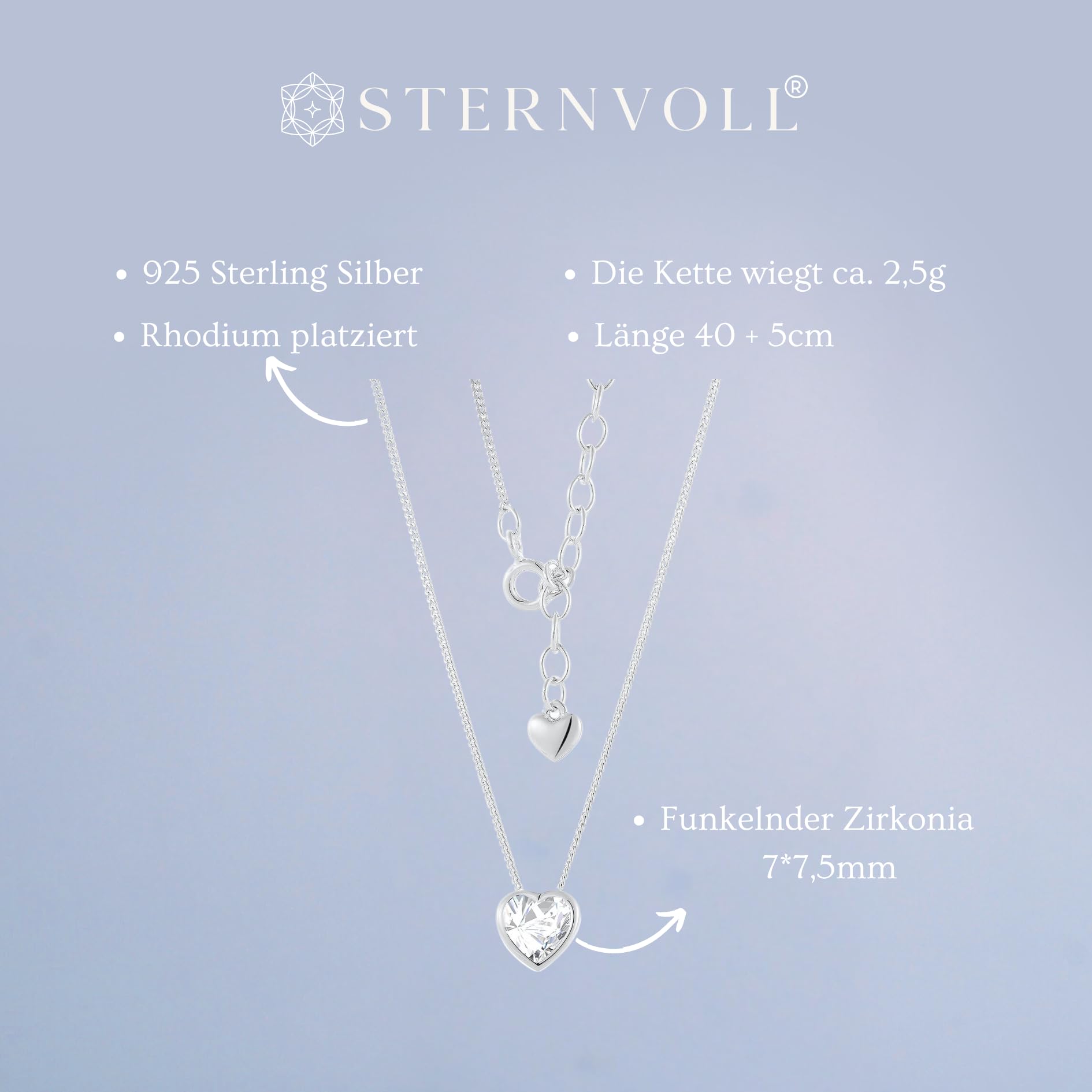 Sternvoll® Herzkette aus 925 Sterling Silber mit Zirknoia | 1mm Premium Panzerkette verstellbar 40+5cm mit Herzanhänger (Gold) - Sternvoll Jewelry color-silver