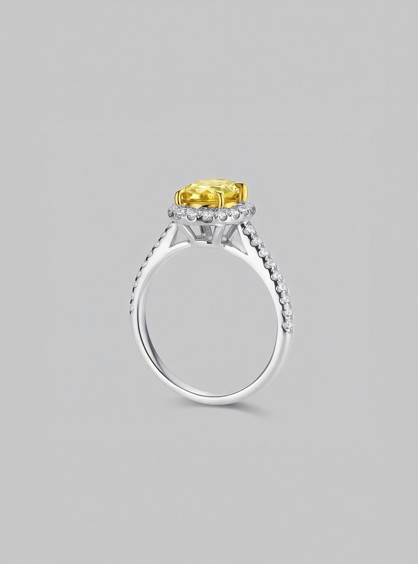 18k White Gold Halo Ring with Yellow Oval Lab Grown Diamond and Pavé Band