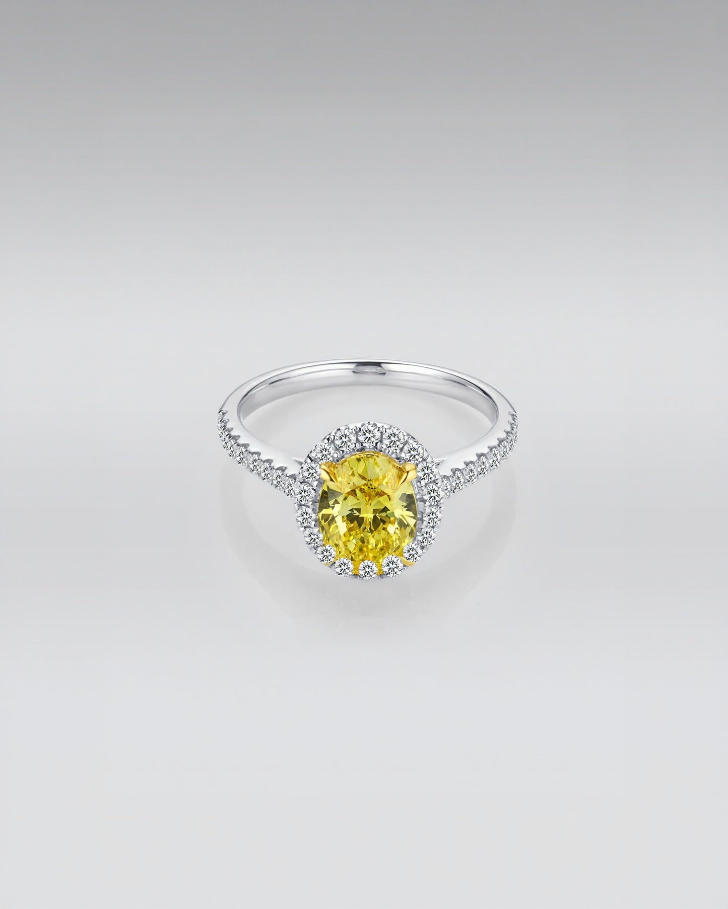 18k White Gold Halo Ring with Yellow Oval Lab Grown Diamond and Pavé Band